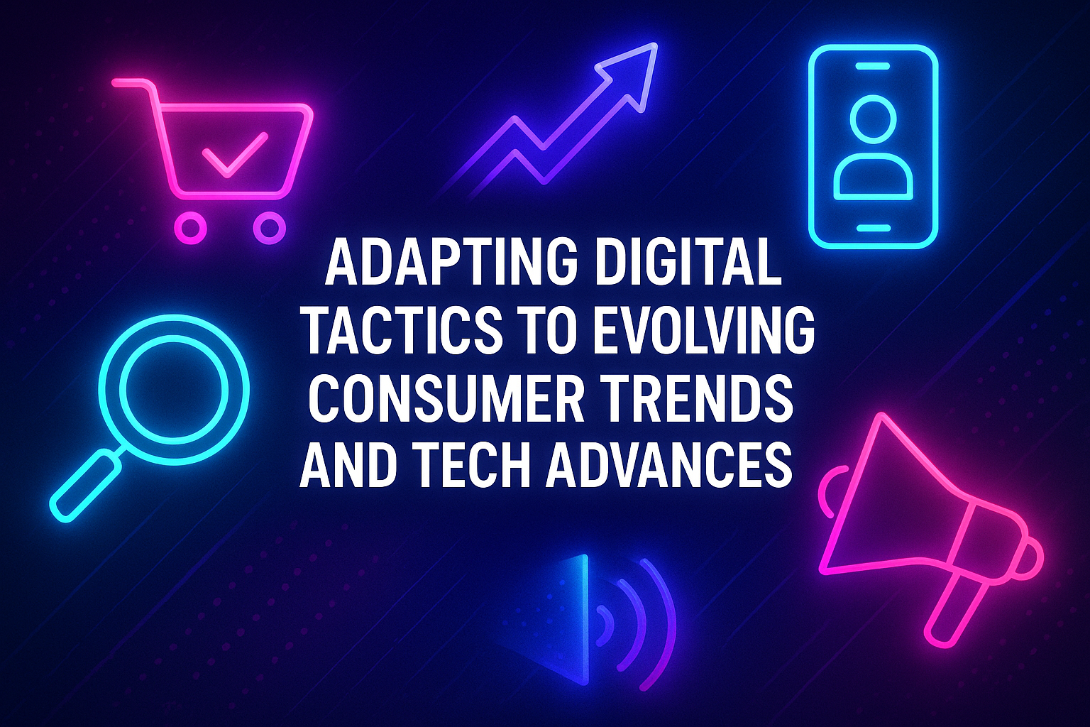 "Colorful digital icons with the text 'Adapting Digital Tactics to Evolving Consumer Trends and Tech Advances,' highlighting key strategies for modern marketing."
