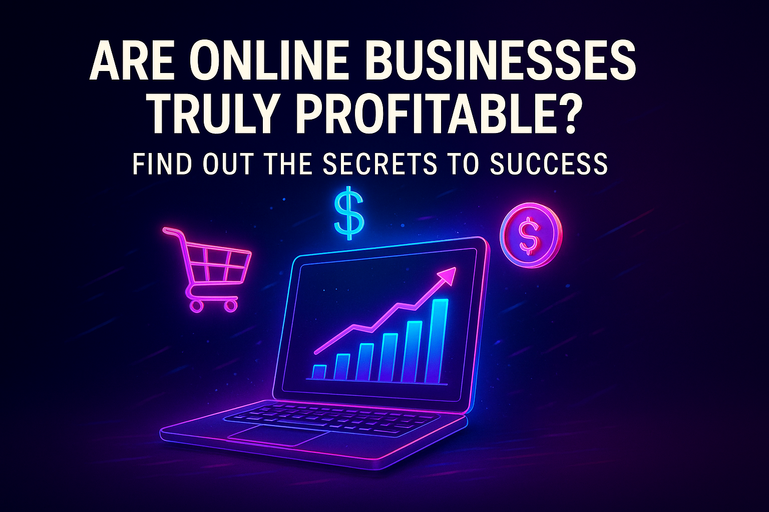 "Illustration of a laptop displaying a growth chart with dollar signs and a shopping cart, highlighting the profitability of online businesses and keys to success."