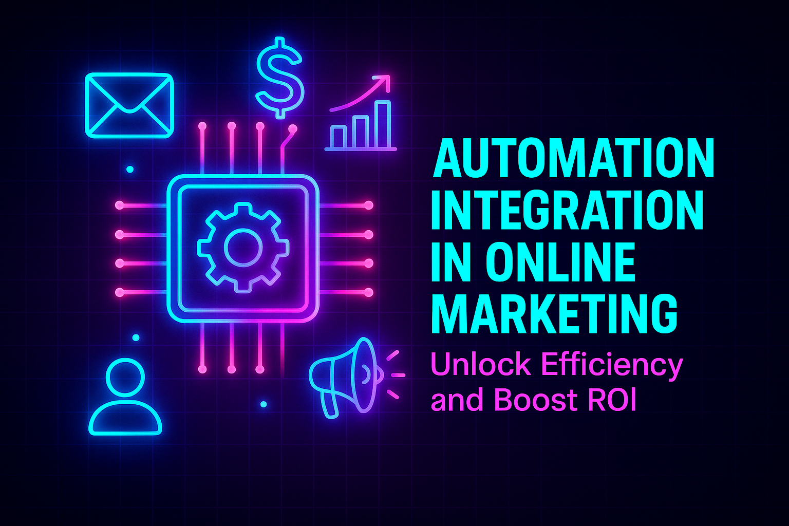 "Colorful graphic illustrating automation integration in online marketing, featuring icons like email, dollar sign, charts, and a gear, with the text 'Unlock Efficiency and Boost ROI.'"
