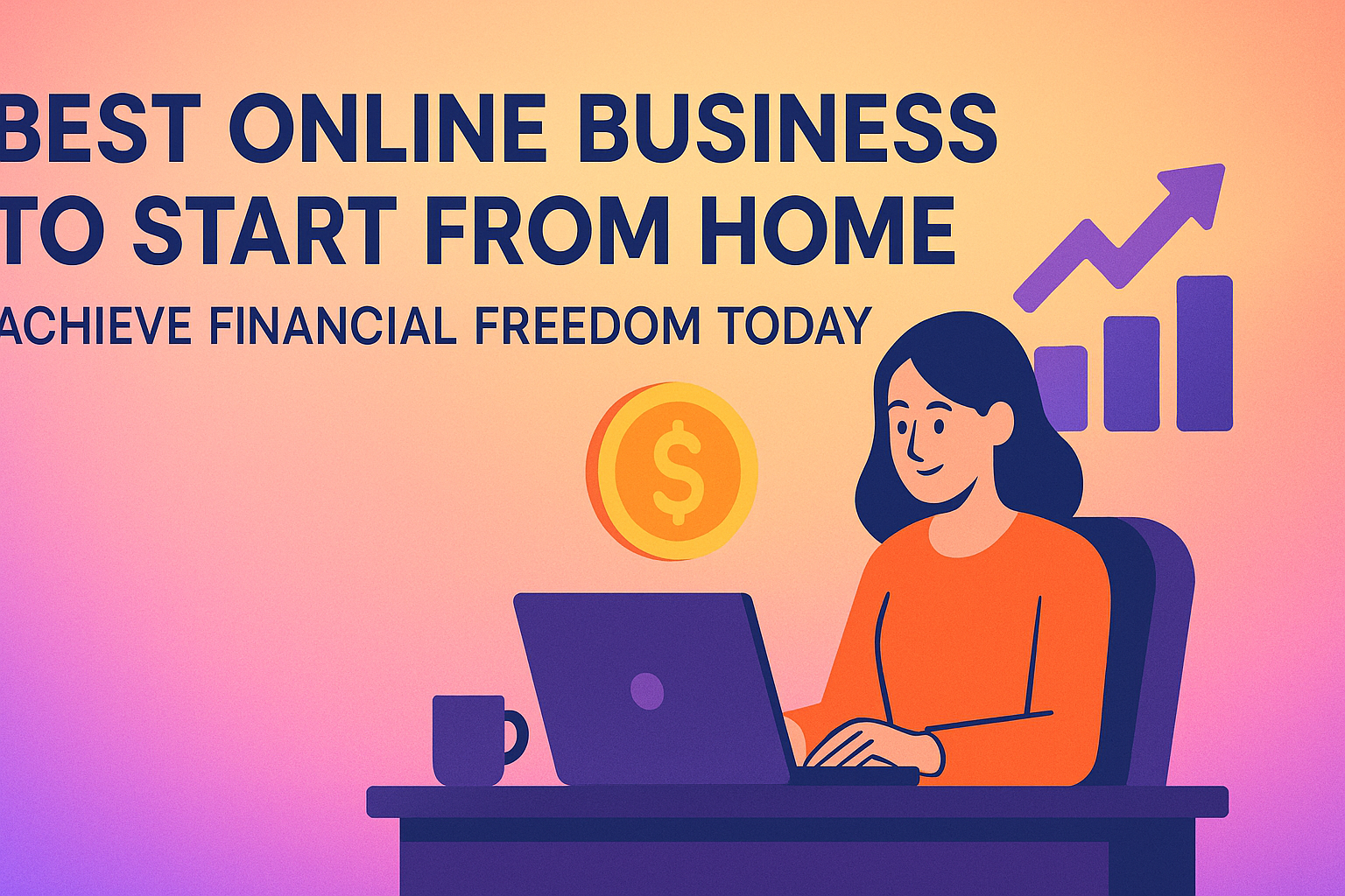 Digital illustration of a woman working on a laptop at home, emphasizing online business opportunities. Text reads "Best Online Business to Start from Home - Achieve Financial Freedom Today." Ideal for those exploring remote work options.