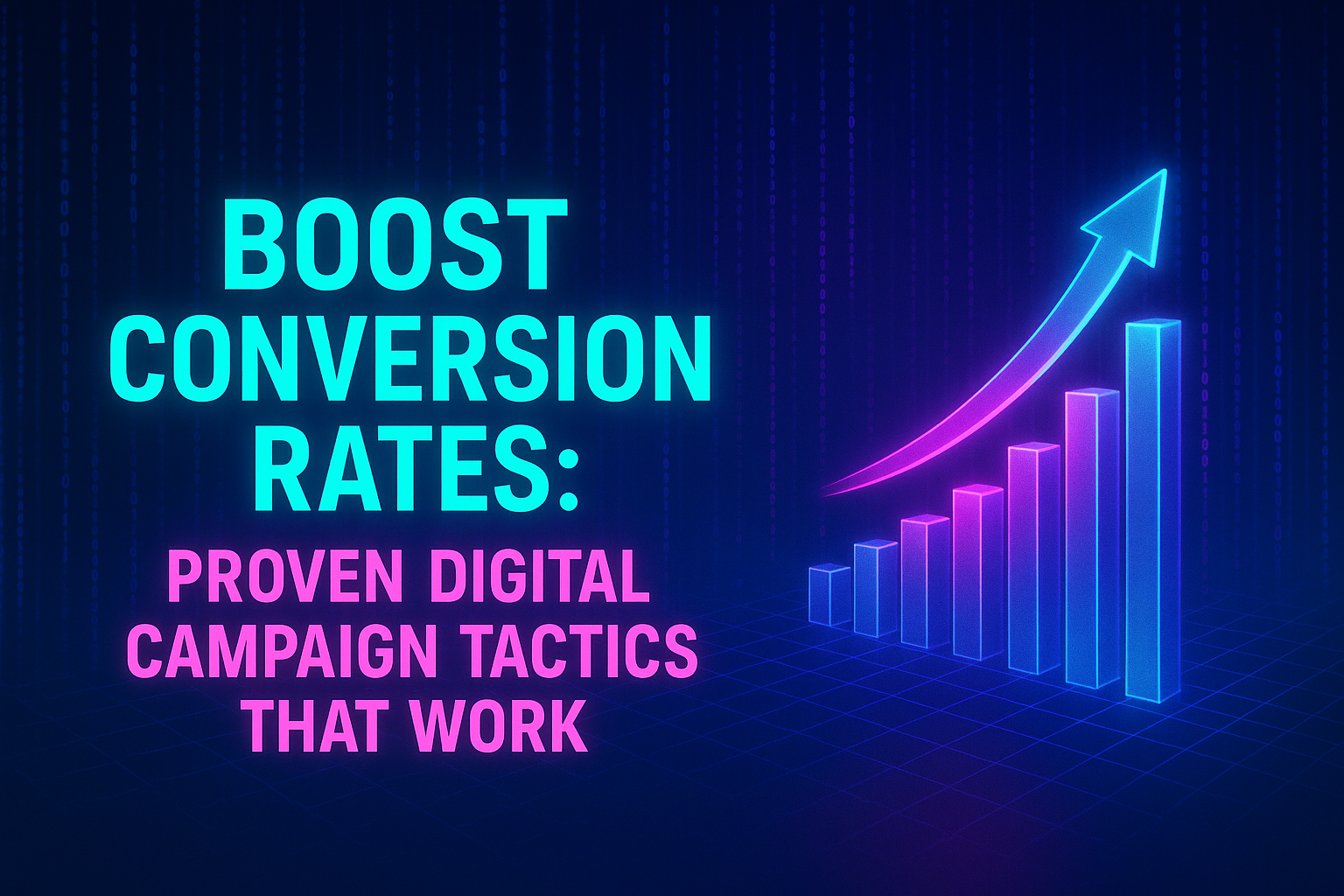 "Graphic illustrating digital marketing strategies to boost conversion rates, featuring a rising bar chart and text highlighting proven campaign tactics."