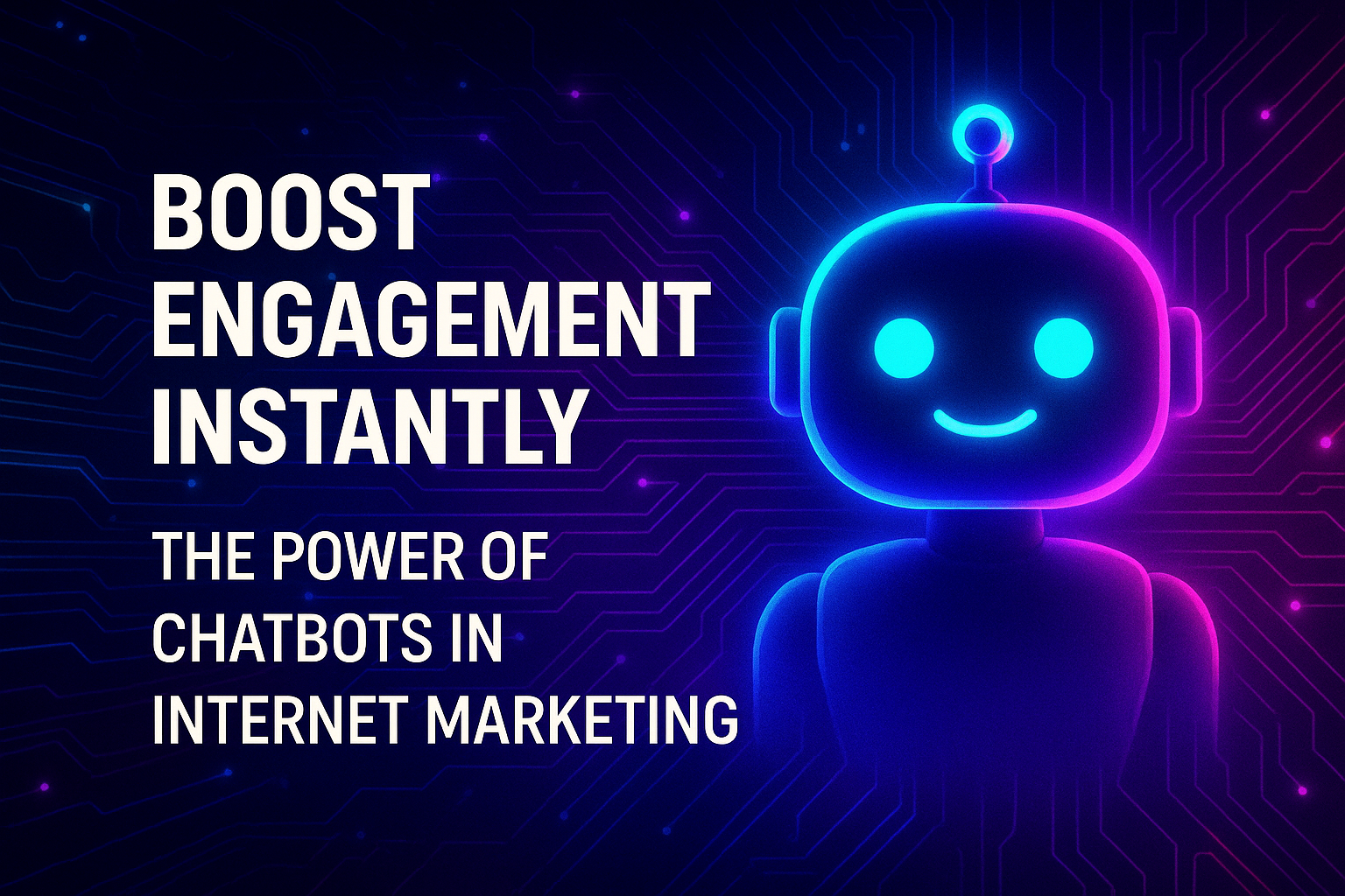 "Colorful chatbot graphic with text 'Boost Engagement Instantly: The Power of Chatbots in Internet Marketing' against a tech-inspired background, highlighting the benefits of chatbots for online engagement."