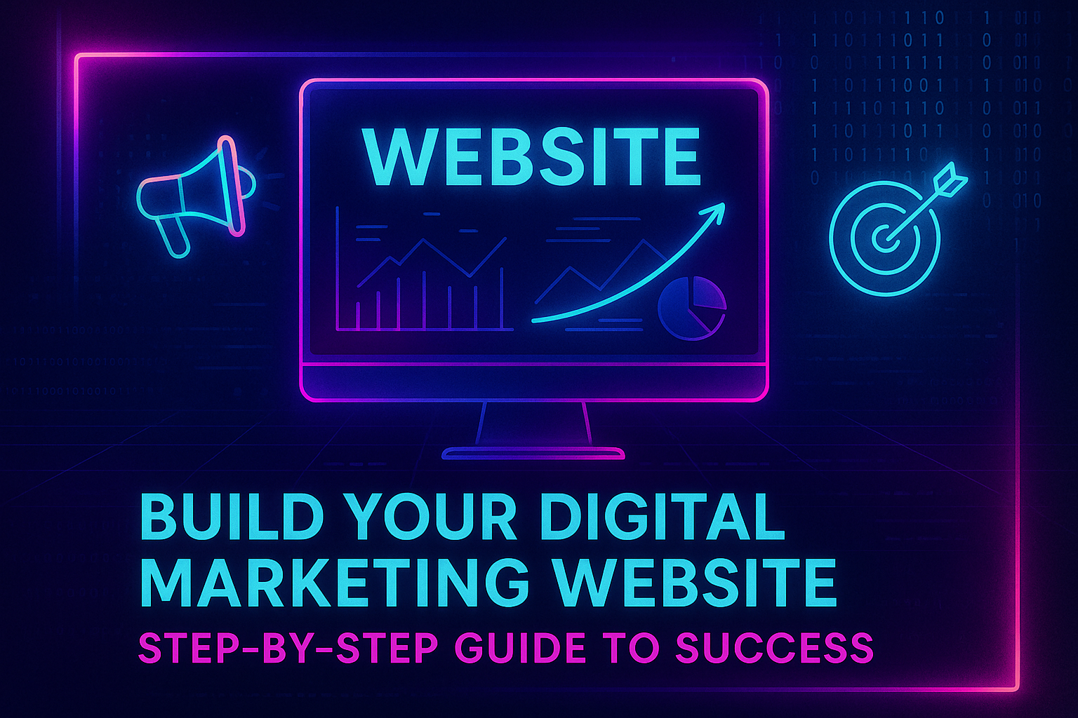 "Colorful graphic promoting a step-by-step guide to building a digital marketing website, featuring a computer screen, graphs, a megaphone, and a target symbol."