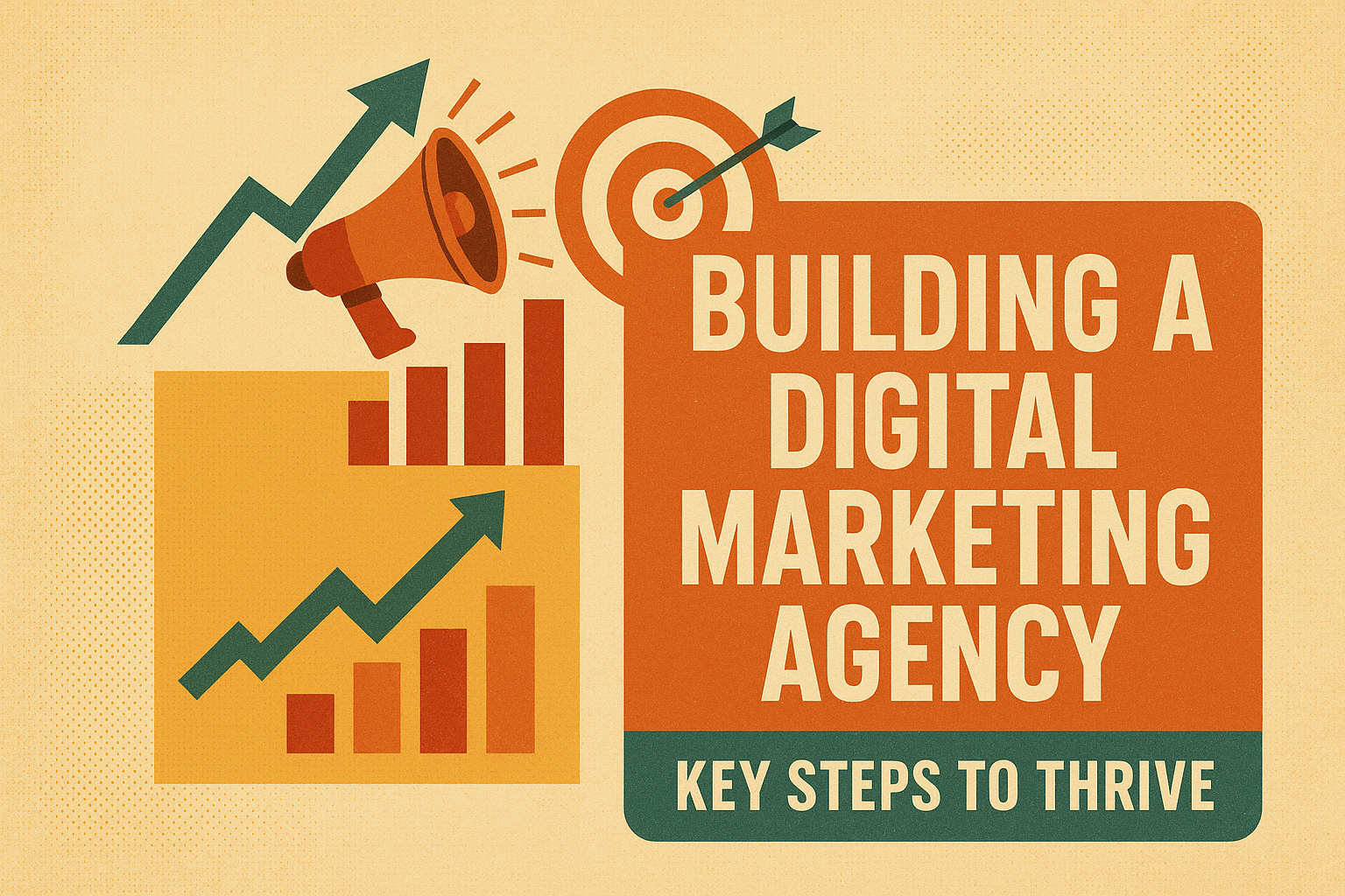 "Graphic illustrating the key steps to thrive in building a digital marketing agency, featuring growth charts, a megaphone, and target imagery."