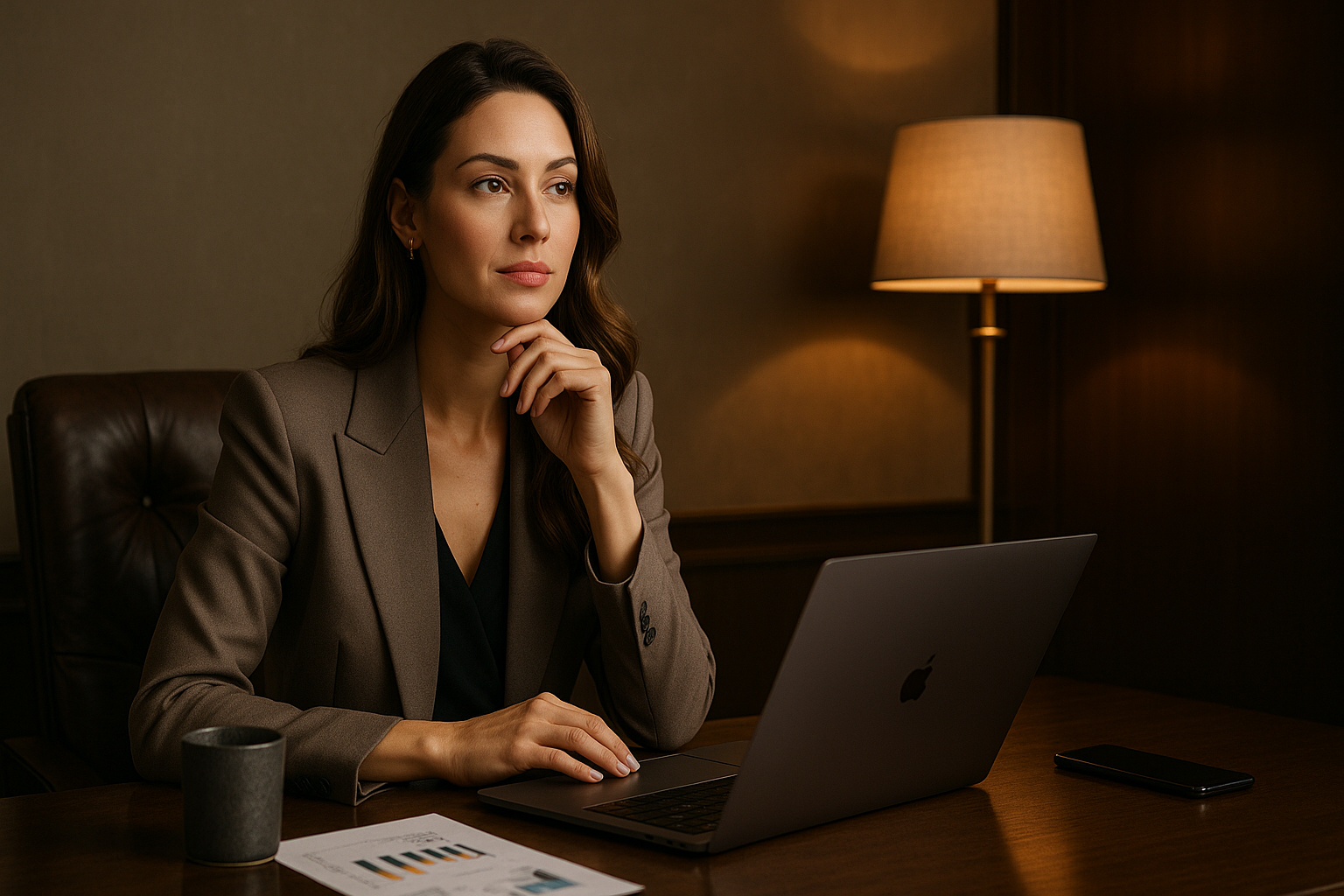 Professional woman working on a laptop in a stylish office, deep in thought, with a cup and documents nearby.