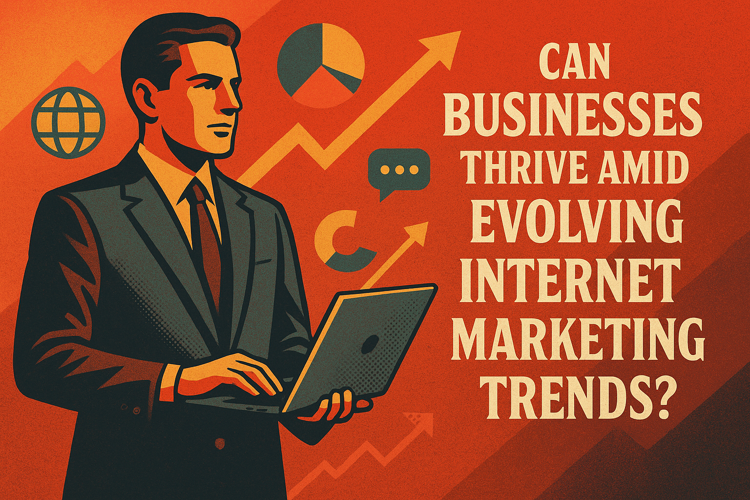 "Retro-style illustration of a businessman with a laptop, contemplating the question, 'Can businesses thrive amid evolving internet marketing trends?' with graph and globe icons in the background."