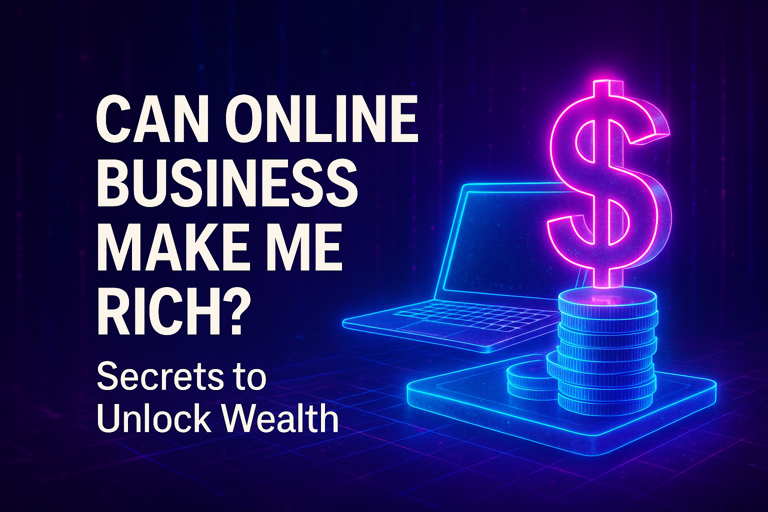 "Digital illustration of a laptop and stacks of coins with a glowing dollar sign, highlighting secrets to achieving wealth through online business."