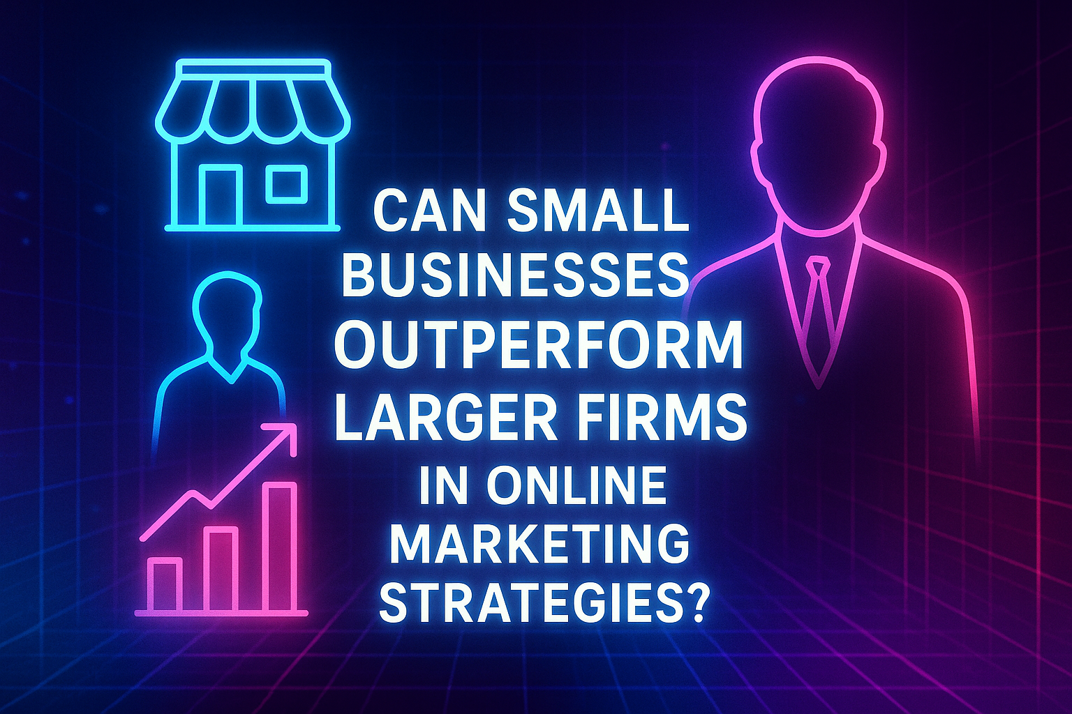 "Infographic asking if small businesses can outperform larger firms in online marketing strategies, featuring icons of a storefront, a person, and a rising graph."