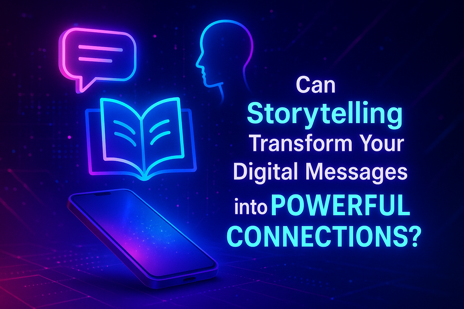 "Colorful graphic featuring a smartphone, book, and speech bubble, highlighting the impact of storytelling on transforming digital messages into powerful connections."