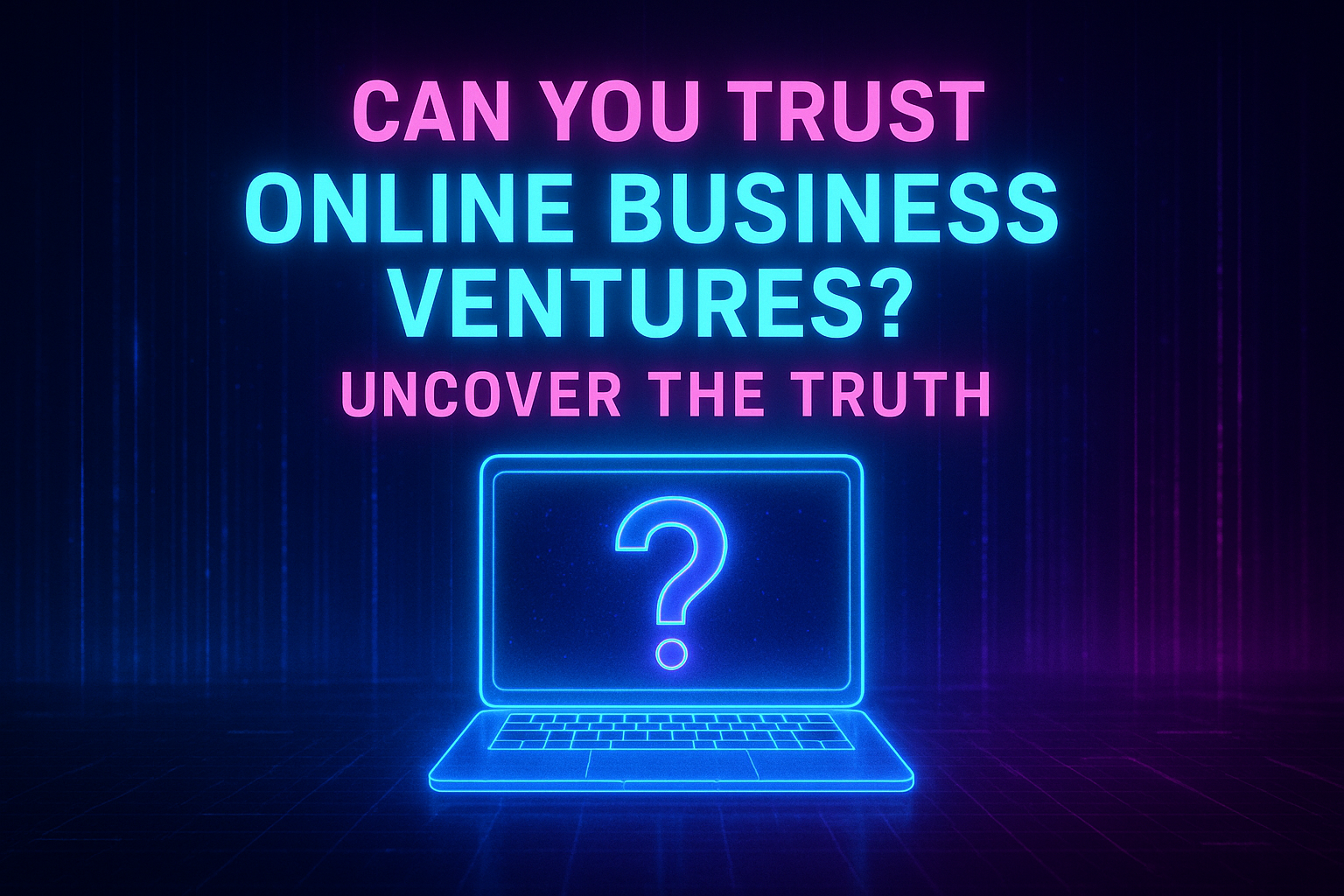 Alt text: "Graphic asking 'Can you trust online business ventures?' with a glowing laptop and question mark, designed to explore online business credibility."