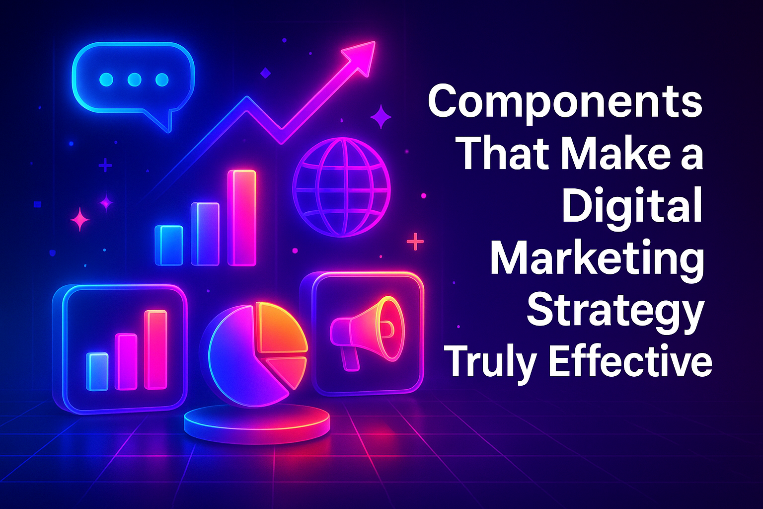 "Neon graphic illustrating key components of an effective digital marketing strategy, featuring charts, a globe, and a megaphone against a dark background."