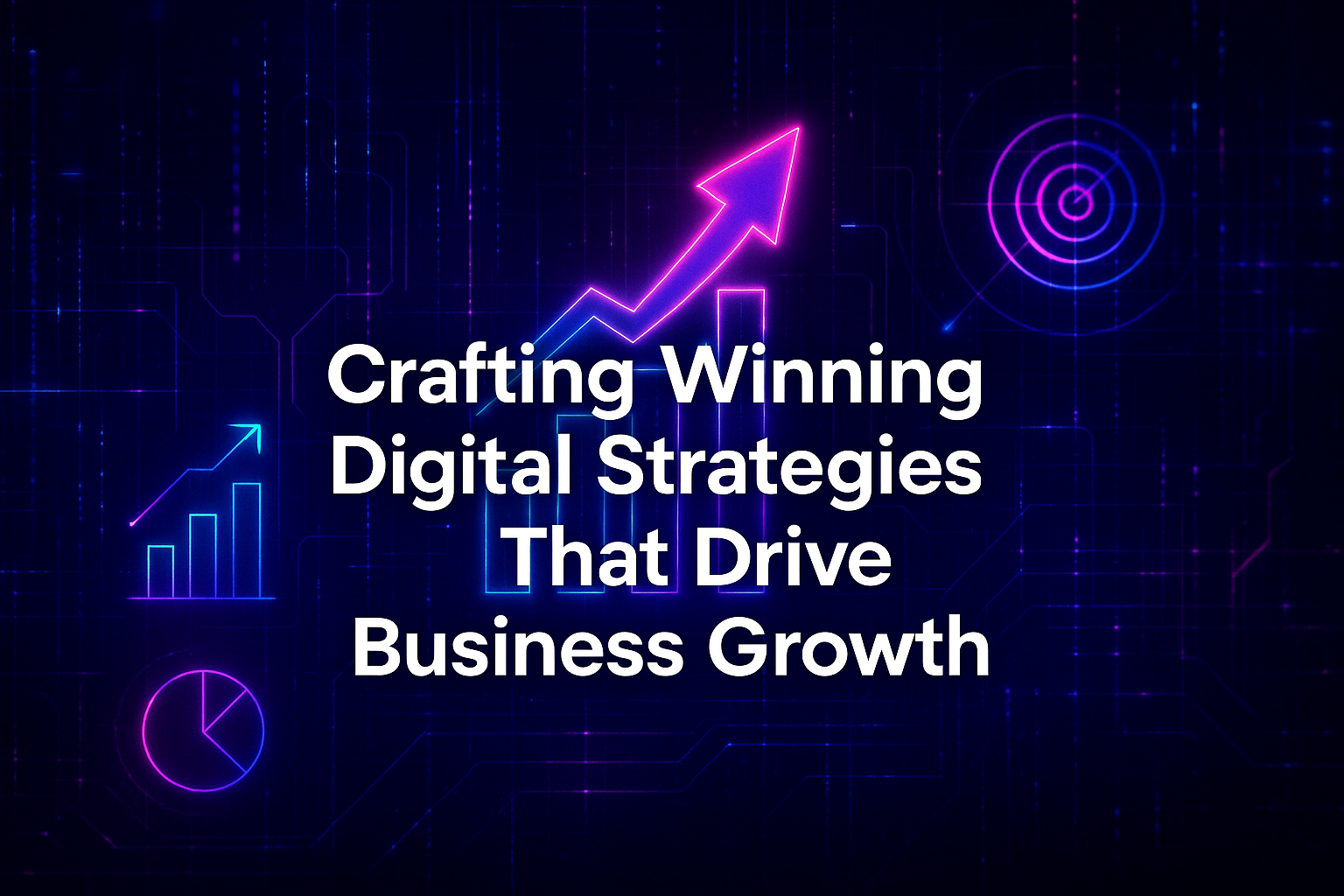 "Digital marketing concept image featuring the text 'Crafting Winning Digital Strategies That Drive Business Growth' with graphical representations of growth and analytics."