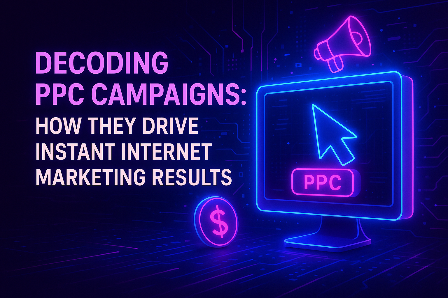 "Neon graphic illustrating the concept of PPC campaigns, featuring a computer screen with a cursor, a megaphone, and a dollar symbol, highlighting how PPC drives instant marketing results."