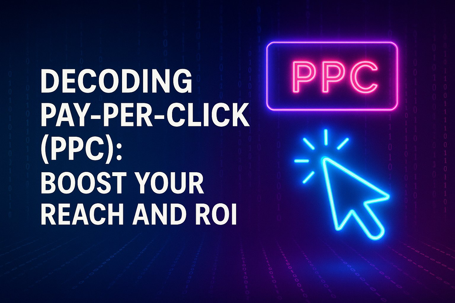"Graphic featuring neon text 'Decoding Pay-Per-Click (PPC): Boost Your Reach and ROI' with a glowing cursor icon, set against a digital background."