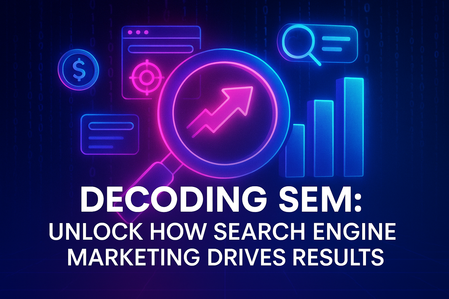 "Eye-catching graphic featuring the text 'Decoding SEM: Unlock How Search Engine Marketing Drives Results' with colorful icons symbolizing analytics, money, and search, on a digital background."