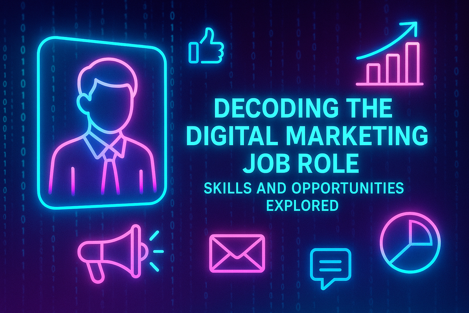 Alt text: "Digital marketing job role graphic featuring neon icons of a person, megaphone, email, and charts, with the text 'Decoding the Digital Marketing Job Role: Skills and Opportunities Explored'."