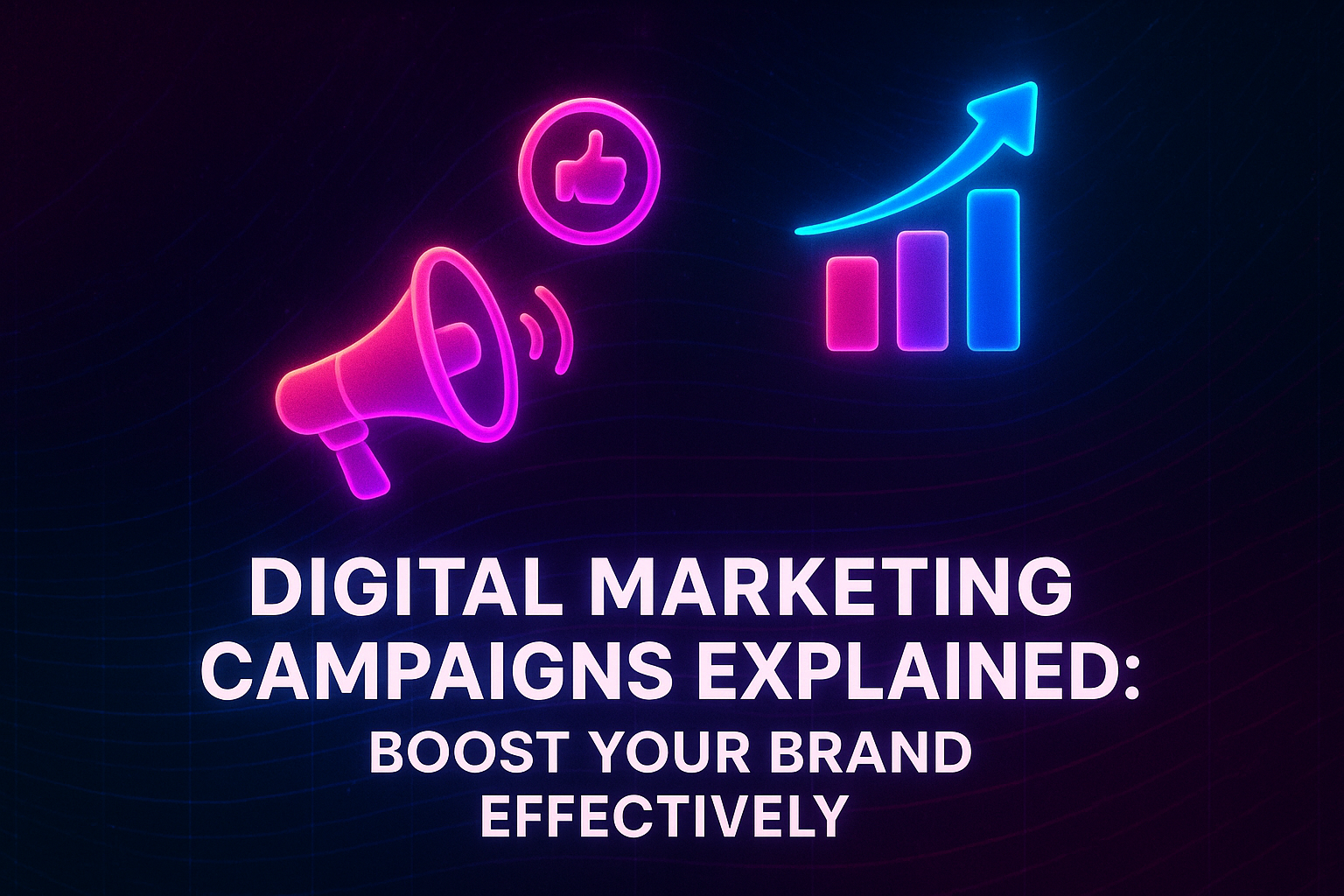"Colorful digital marketing design featuring a megaphone, thumbs-up icon, and upward trend graph with the text 'Digital Marketing Campaigns Explained: Boost Your Brand Effectively'."