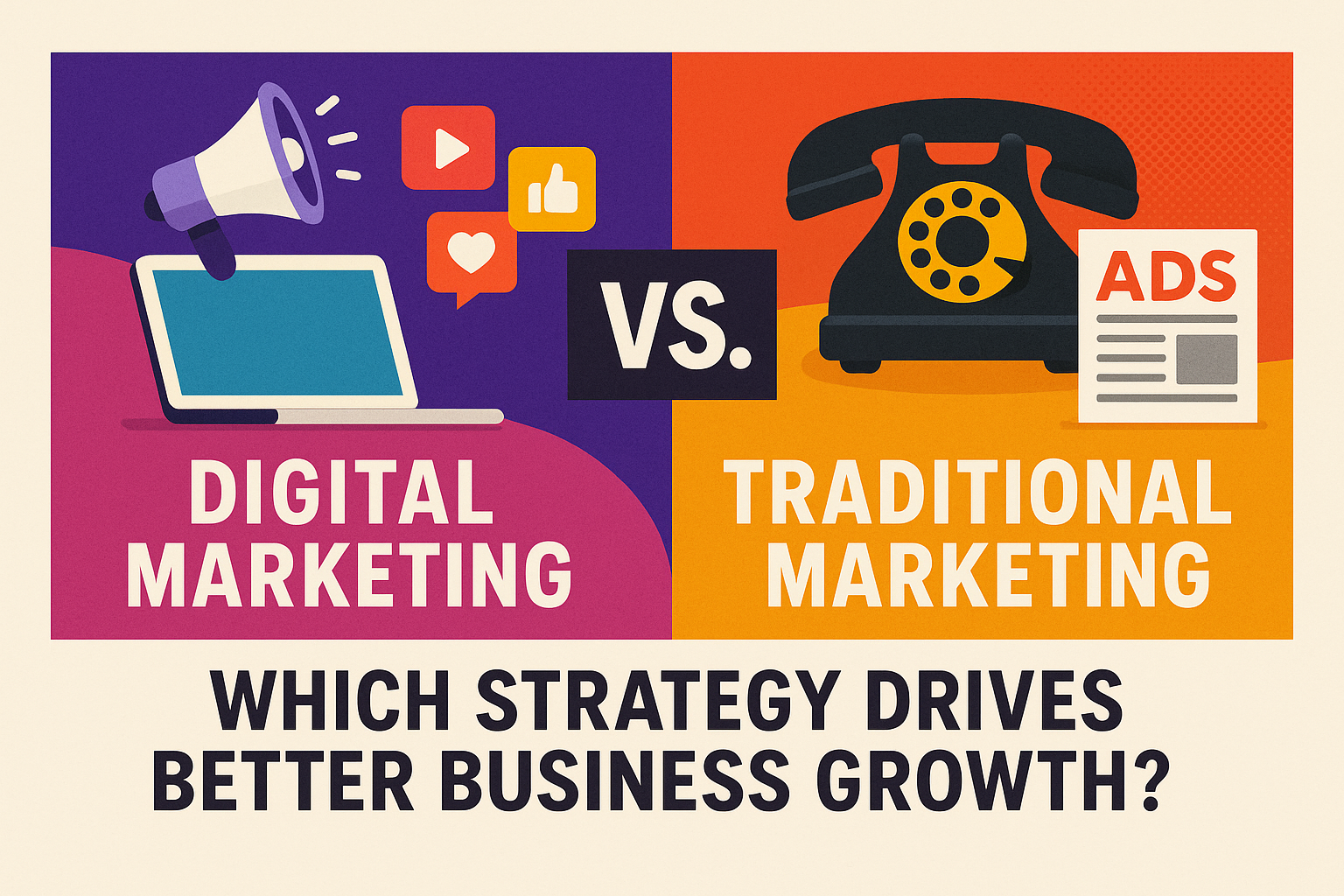 "Graphic comparing digital marketing and traditional marketing, highlighting the question: 'Which strategy drives better business growth?' Features a laptop and social media icons for digital marketing vs. a rotary phone and ads for traditional marketing."