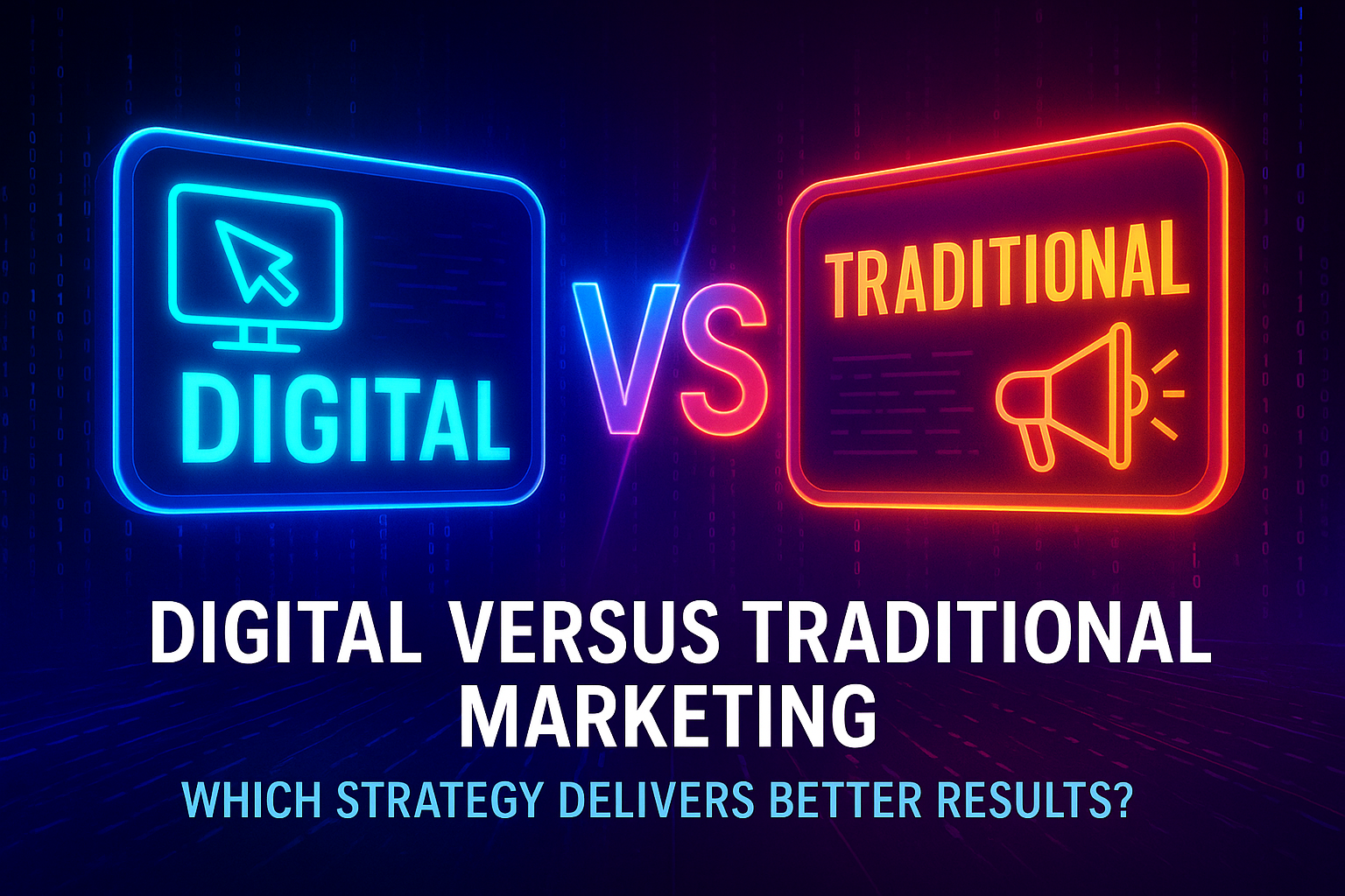"Digital vs Traditional Marketing graphic illustrating the comparison between modern digital marketing strategies and traditional advertising methods, highlighting effectiveness and results."
