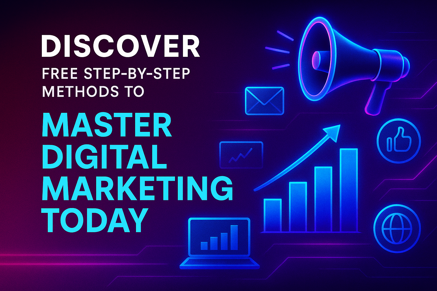 "Vibrant graphic promoting free step-by-step methods to master digital marketing, featuring icons for communication and growth strategies."