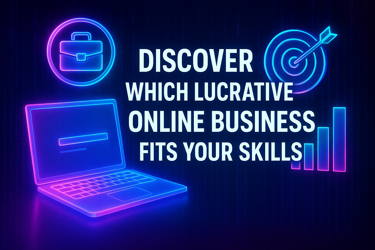 "Neon graphic promoting online business opportunities, featuring a laptop, briefcase, target, and bar graph with text 'Discover which lucrative online business fits your skills.'"