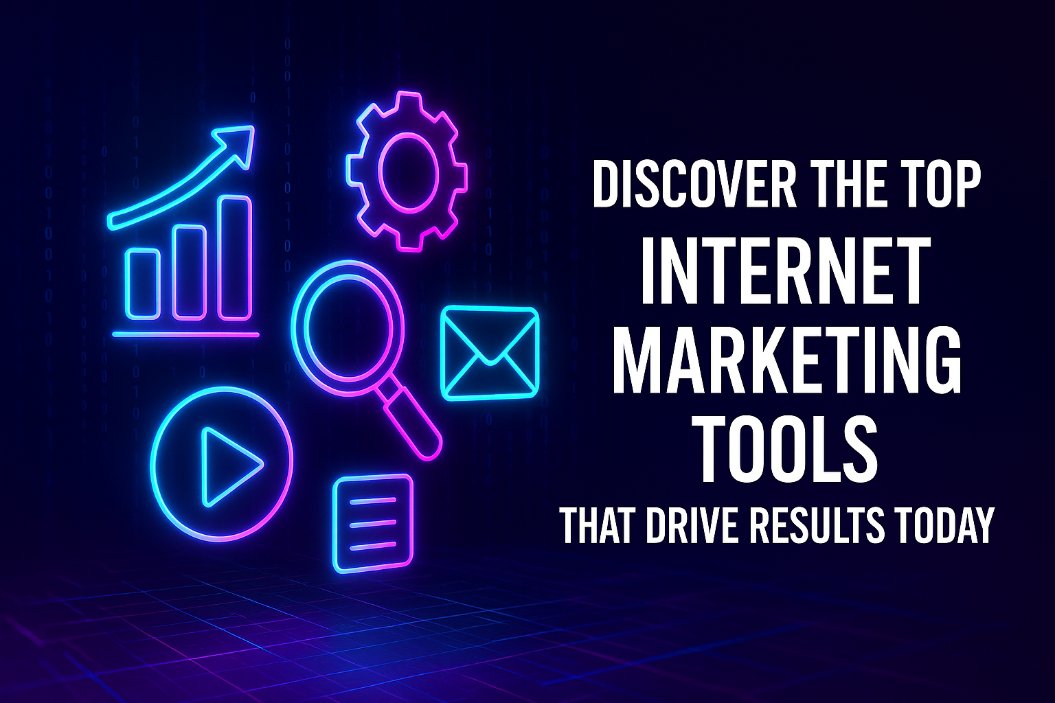 "Neon icons representing internet marketing tools, including graphs, search magnifying glass, email, and play button, with text highlighting the importance of discovering effective marketing tools."