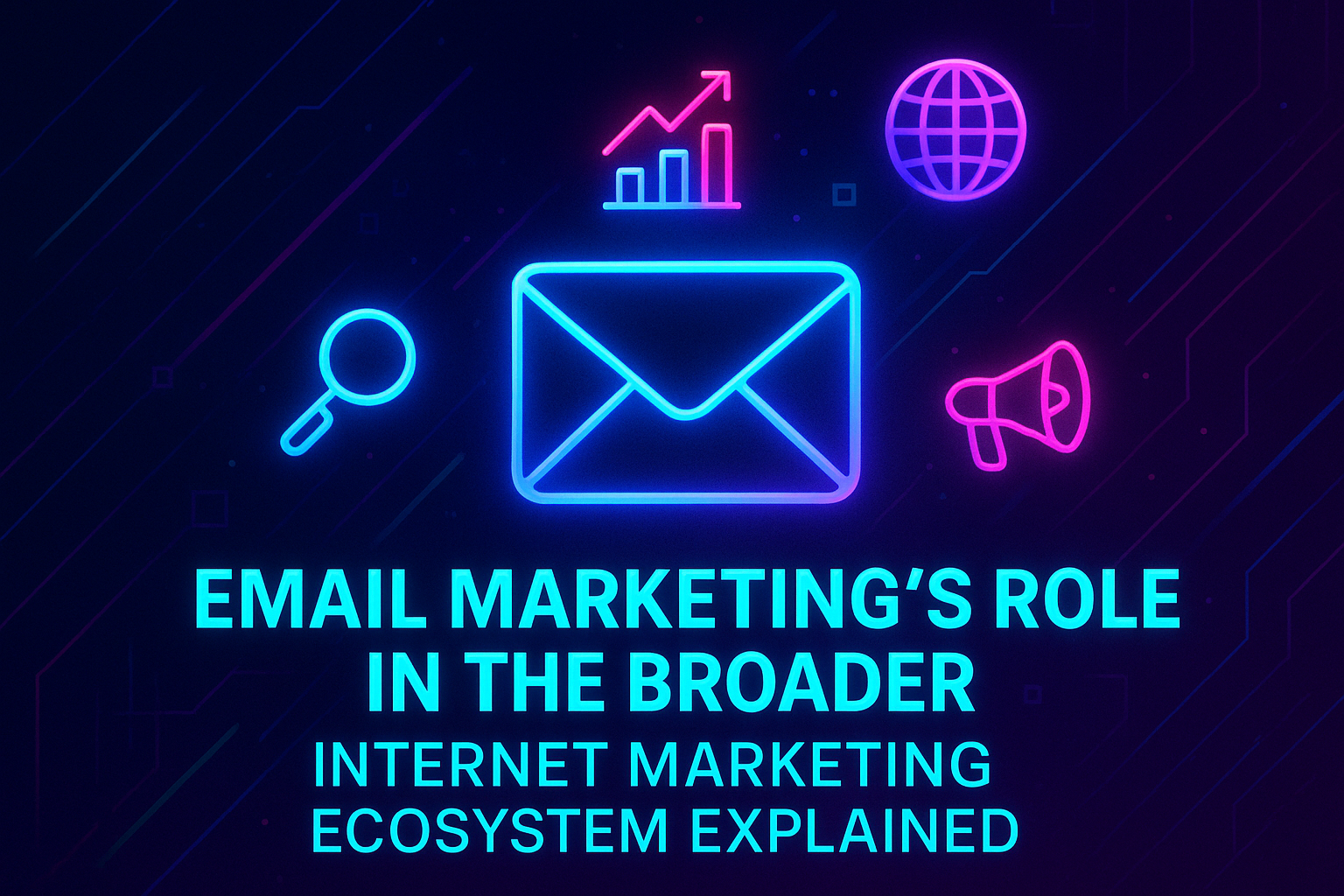 "Neon graphic depicting email marketing's role in the internet marketing ecosystem, featuring icons of an envelope, magnifying glass, globe, and megaphone with a digital background."