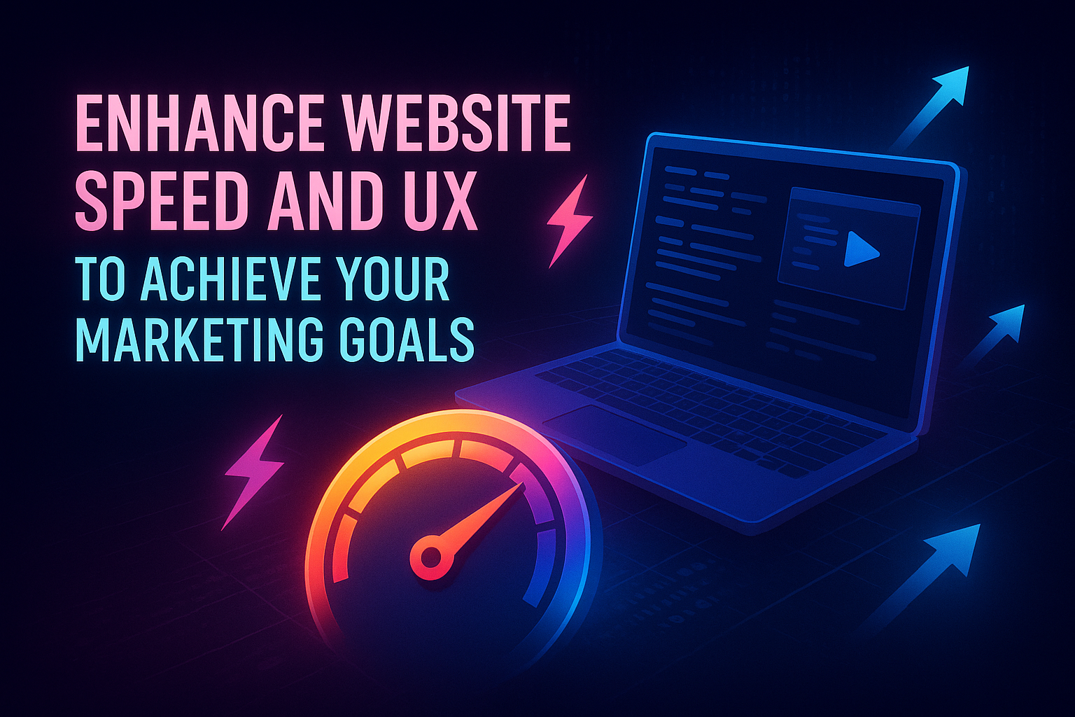 "Illustration of a laptop showing coding and a play button, alongside a speedometer symbolizing website speed and user experience enhancements, with the text 'Enhance website speed and UX to achieve your marketing goals.'"