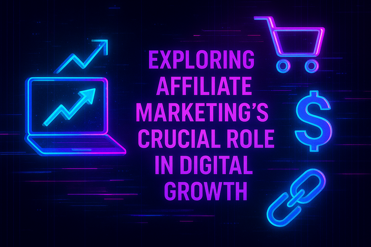 "Vibrant graphic featuring a laptop with a growth arrow, shopping cart, dollar sign, and link icon, highlighting the importance of affiliate marketing in digital growth."