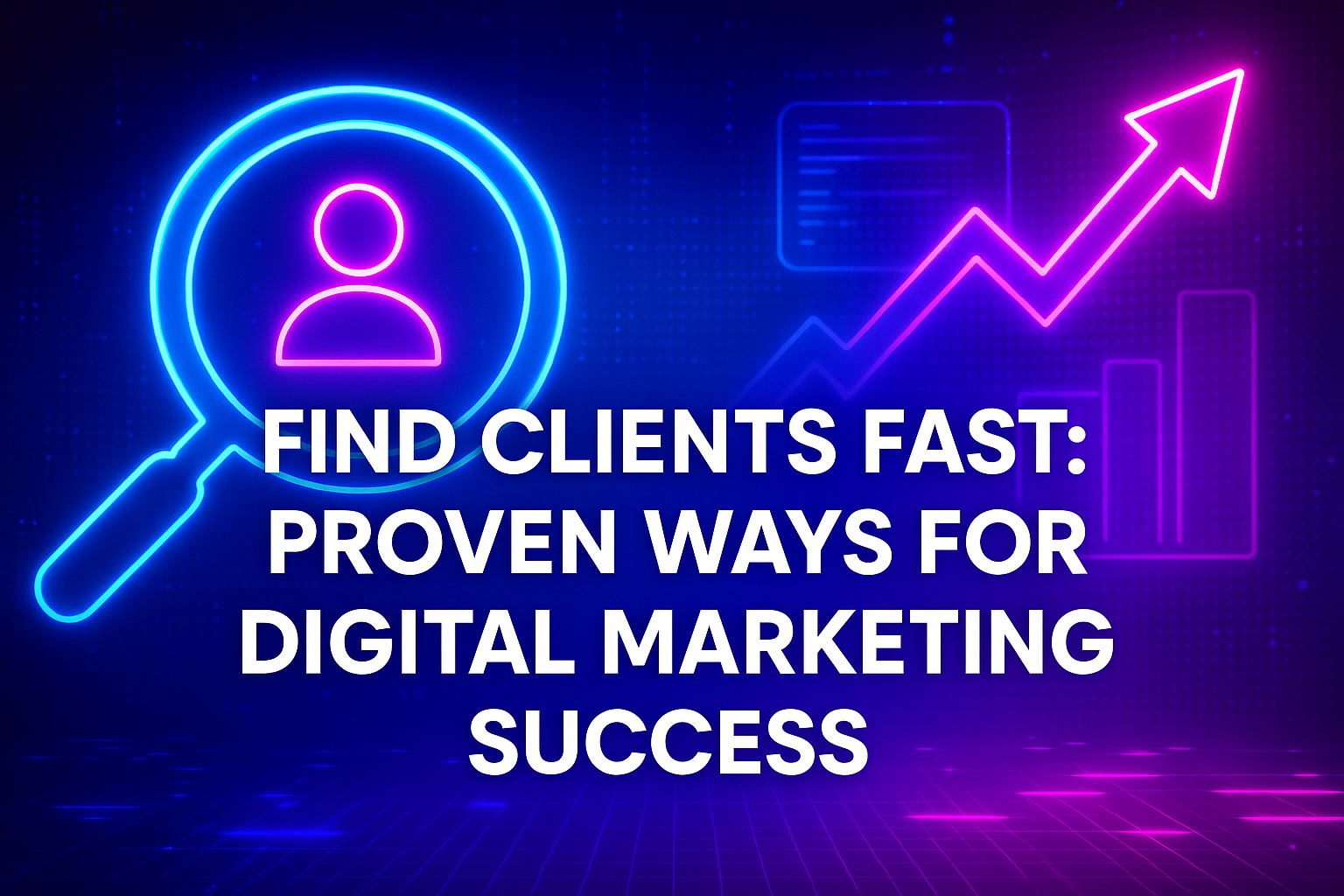 **Alt text:** Neon graphic with a magnifying glass over a user icon and an upward-trending graph, featuring the text "Find Clients Fast: Proven Ways for Digital Marketing Success."