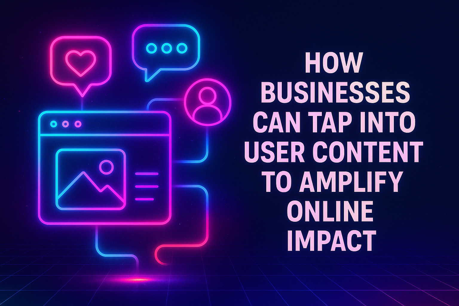 "Colorful neon graphic illustrating the concept of businesses leveraging user content to enhance their online presence, featuring icons of a web browser, chat bubbles, and social interaction."