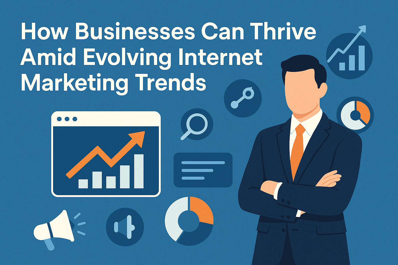 "Illustration of a businessman alongside various internet marketing icons, emphasizing how businesses can adapt and thrive amid changing marketing trends."