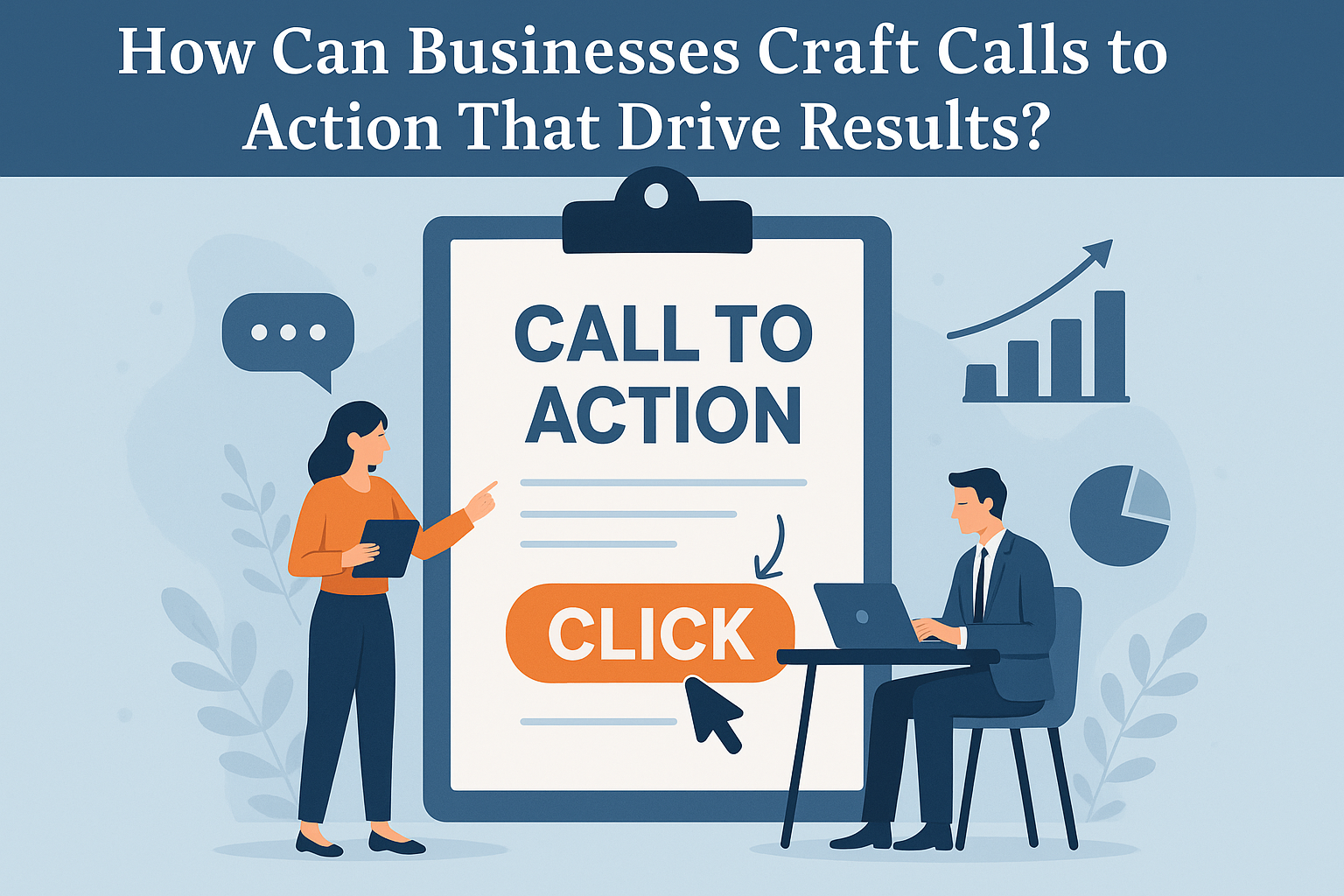 Illustration of a businesswoman presenting a call-to-action on a large clipboard, while a businessman works on a laptop. The image emphasizes the importance of effective calls to action for driving business results.