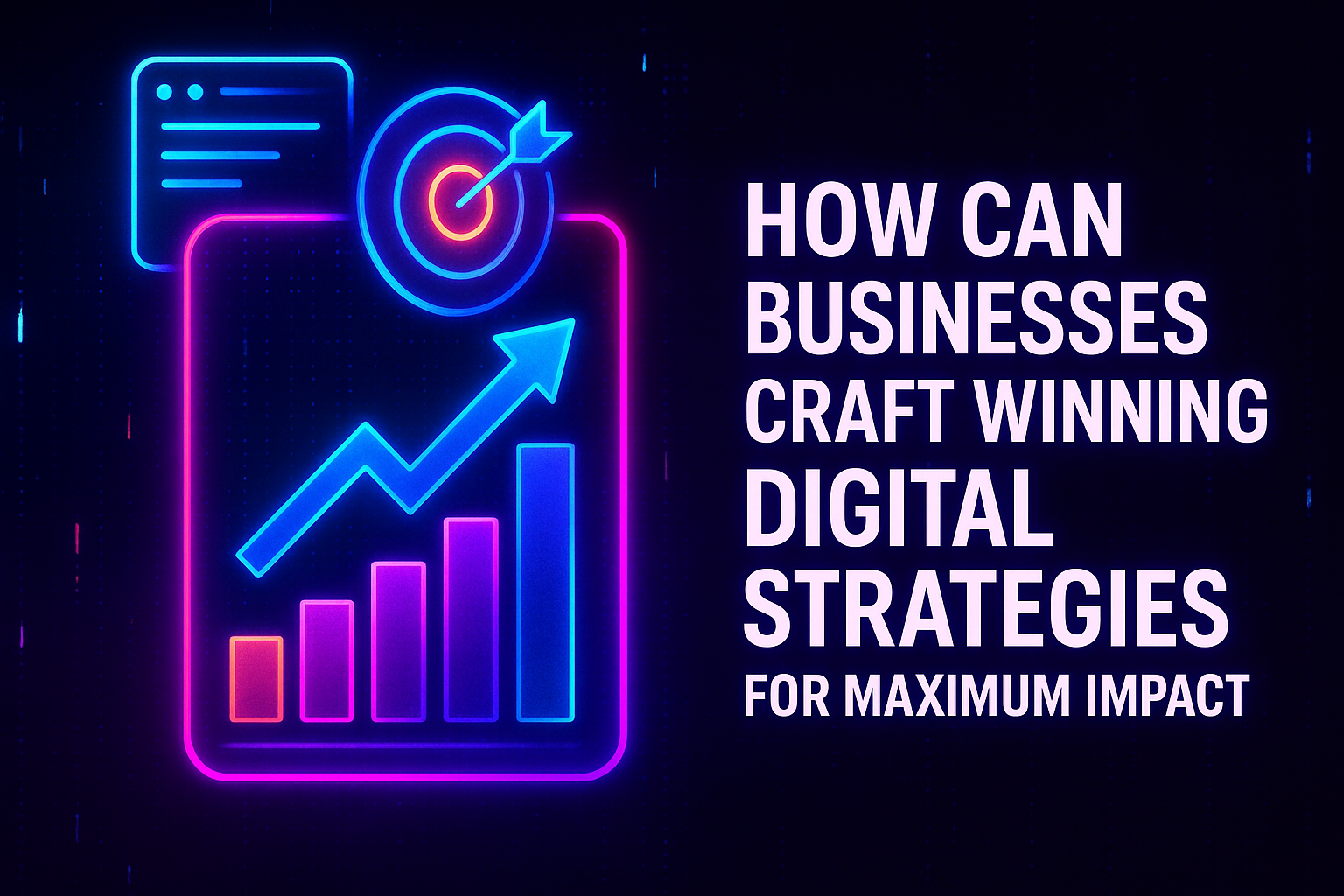 "Colorful digital graphic illustrating how businesses can create effective digital strategies for maximum impact, featuring an upward trend in a graph and target symbol."