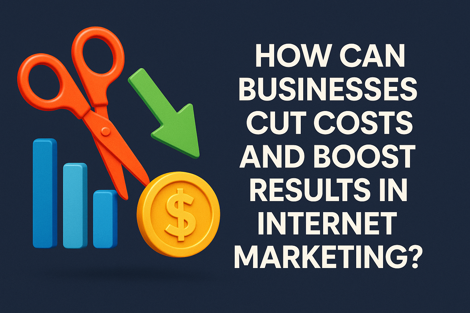 Alt text: "Graphic depicting scissors, a downward arrow, and a dollar coin, emphasizing cost-cutting strategies and improved results in internet marketing."