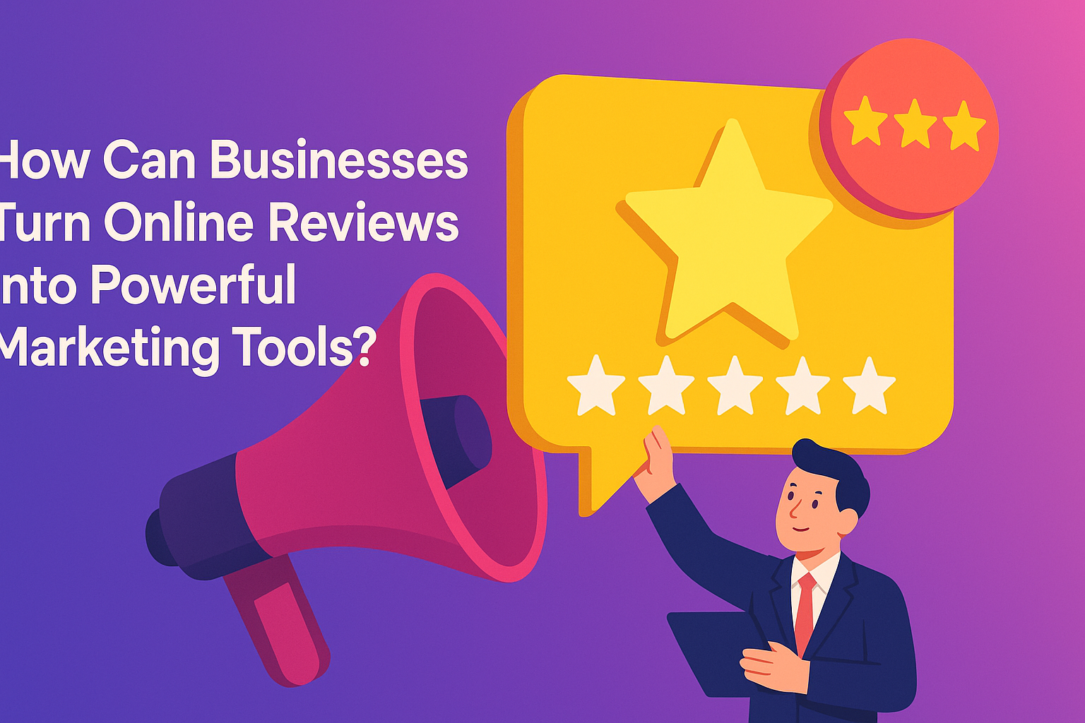 "Graphic illustrating tips for businesses on how to leverage online reviews as effective marketing tools, featuring a businessman and a speech bubble with a star rating."