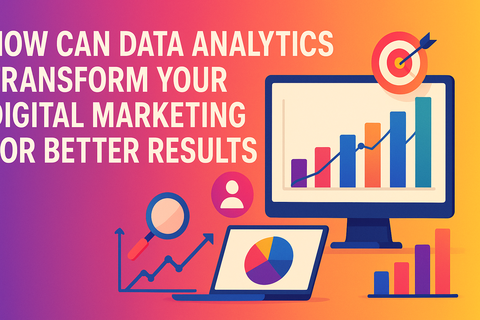 "Colorful graphic depicting data analytics transforming digital marketing, featuring charts, graphs, and a target symbol, emphasizing improved results."