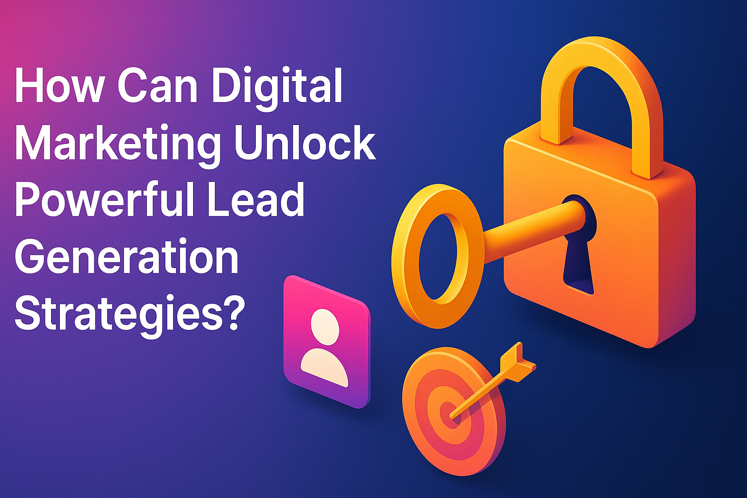 "Graphic illustrating the concept of digital marketing unlocking effective lead generation strategies, featuring a padlock, key, user icon, and target with an arrow."