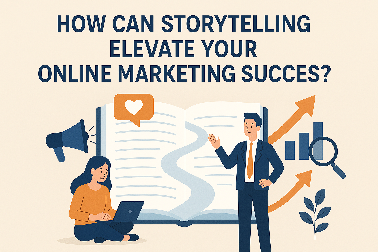 "Illustration showing the concept of storytelling in online marketing, featuring a woman working on a laptop, an open book, and a businessman discussing strategy, emphasizing the impact of narrative on marketing success."