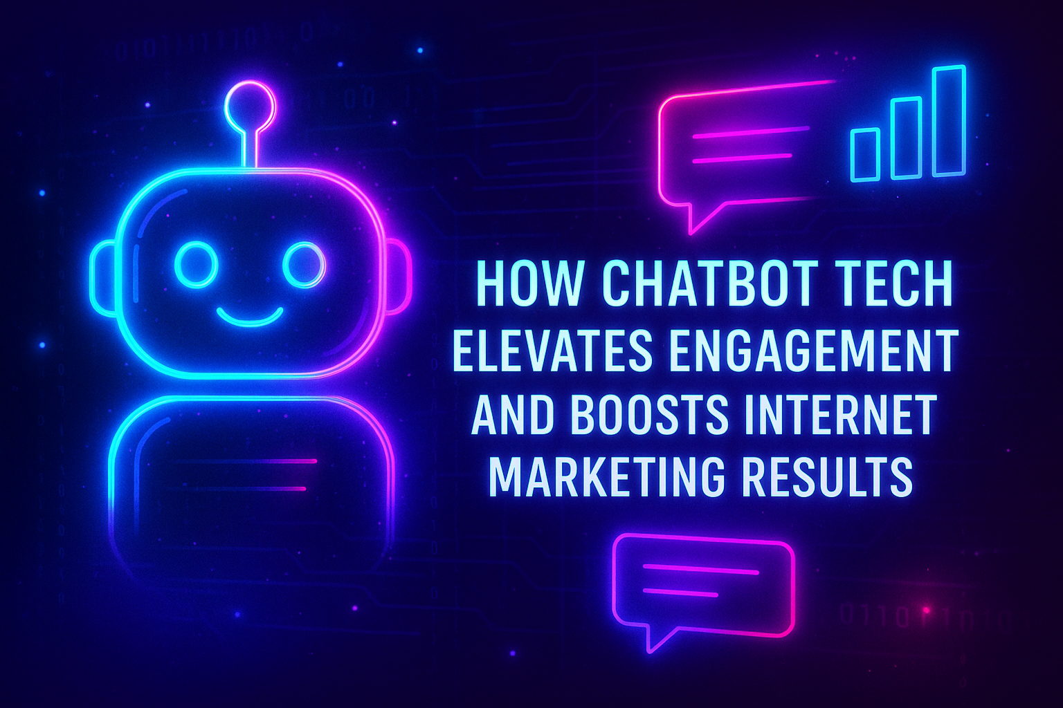 "Colorful neon illustration of a chatbot with text highlighting how chatbot technology enhances engagement and improves internet marketing results."