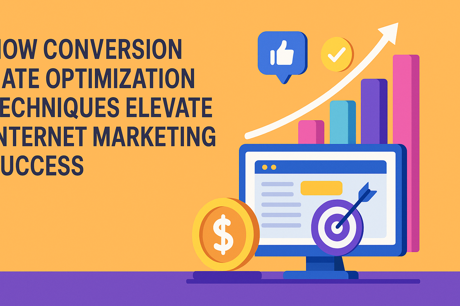 "Graphic illustrating how conversion rate optimization techniques enhance internet marketing success, featuring a computer screen, rising graphs, and symbols of engagement and sales."