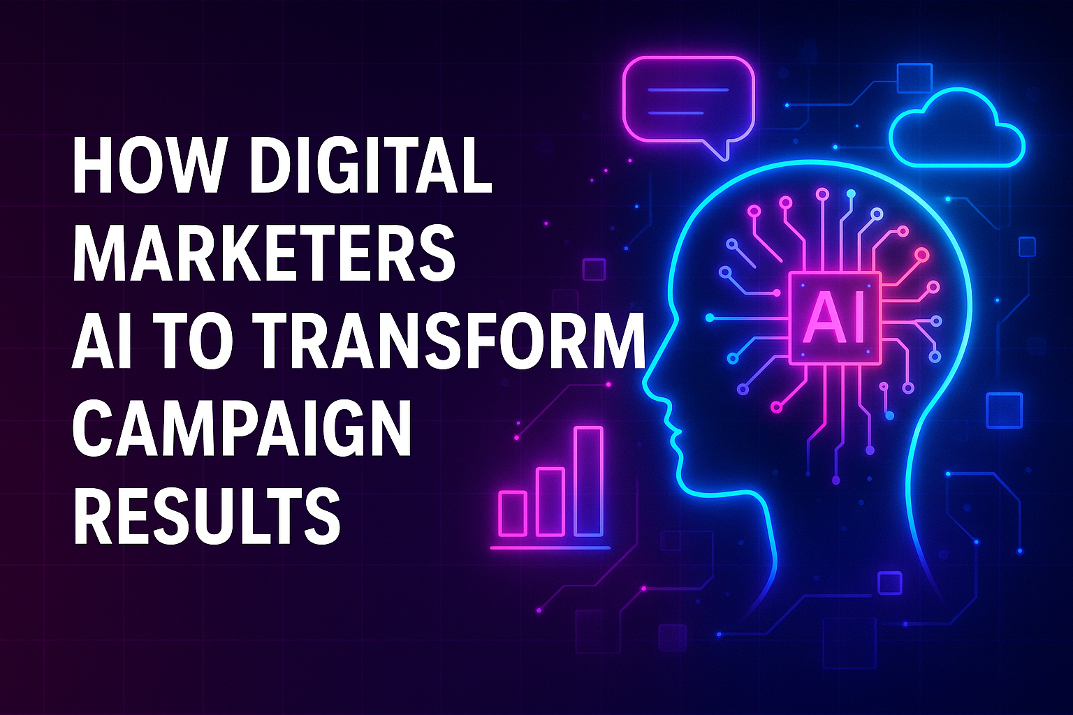 "Neon illustration of a head with AI circuitry, showcasing how digital marketers leverage artificial intelligence to enhance campaign results."