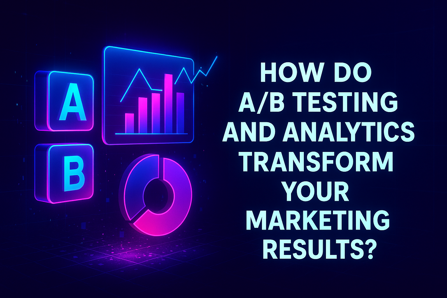 A bright, digital graphic illustrating the concept of A/B testing and analytics, featuring vibrant icons labeled 'A' and 'B', a data graph, and a pie chart, with the text questioning how these methods can enhance marketing results.