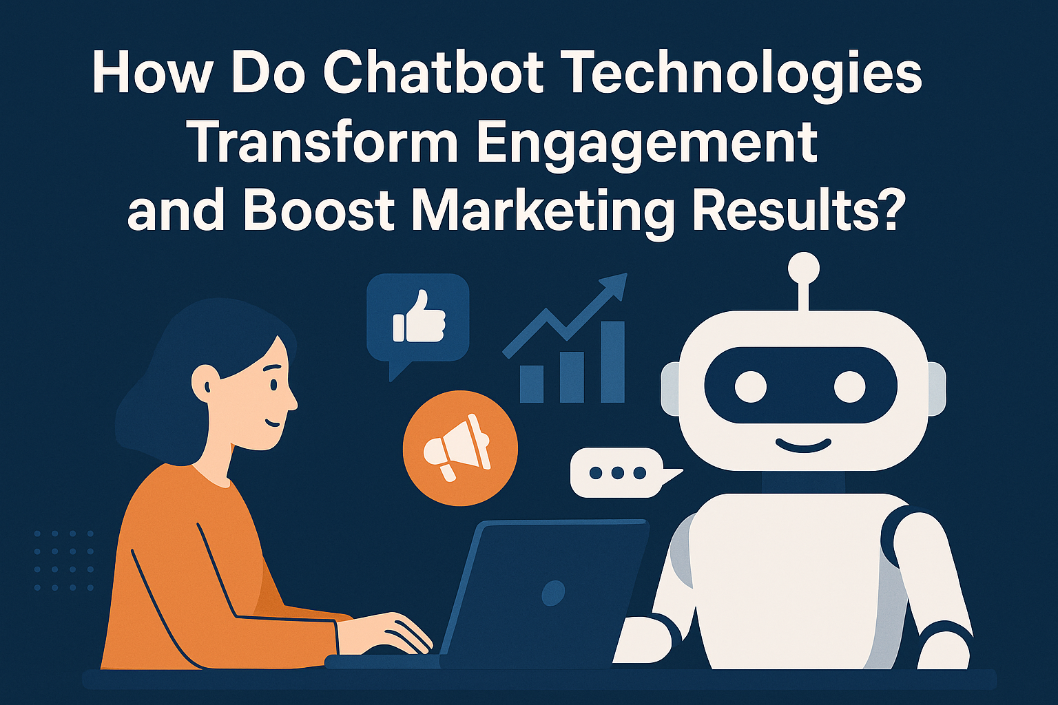 "Illustration of a woman using a laptop with a friendly robot beside her, highlighting how chatbot technologies can enhance engagement and improve marketing results."