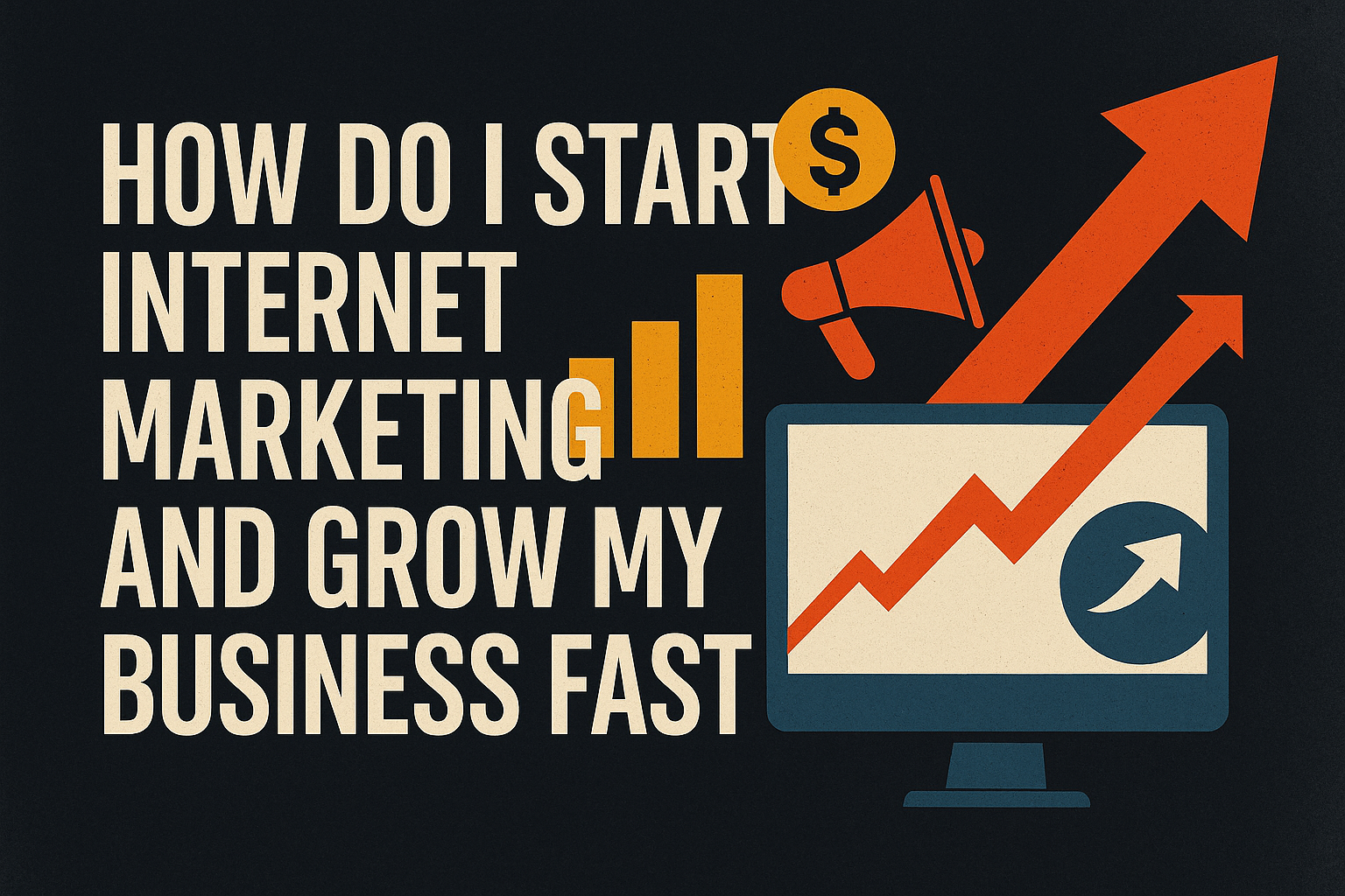 "Graphic featuring the text 'How Do I Start Internet Marketing and Grow My Business Fast' with visual elements like a dollar sign, growth chart, and computer, emphasizing online marketing strategies."