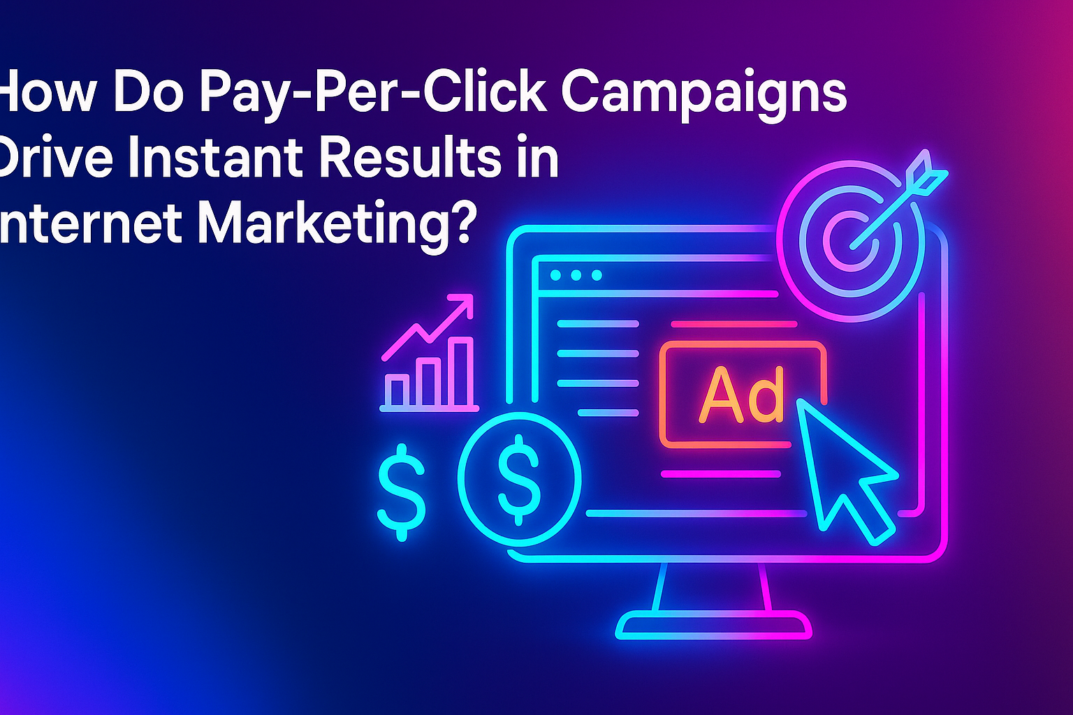 Colorful illustration depicting a computer screen with a displayed advertisement, dollar signs, and a growth chart, reflecting the impact of Pay-Per-Click campaigns in internet marketing.