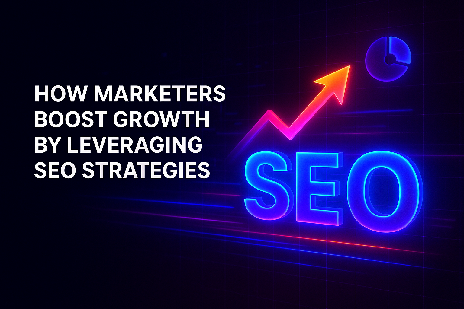 "Colorful graphic illustrating how marketers enhance growth through effective SEO strategies, featuring an upward trend arrow and the word 'SEO' in neon letters."
