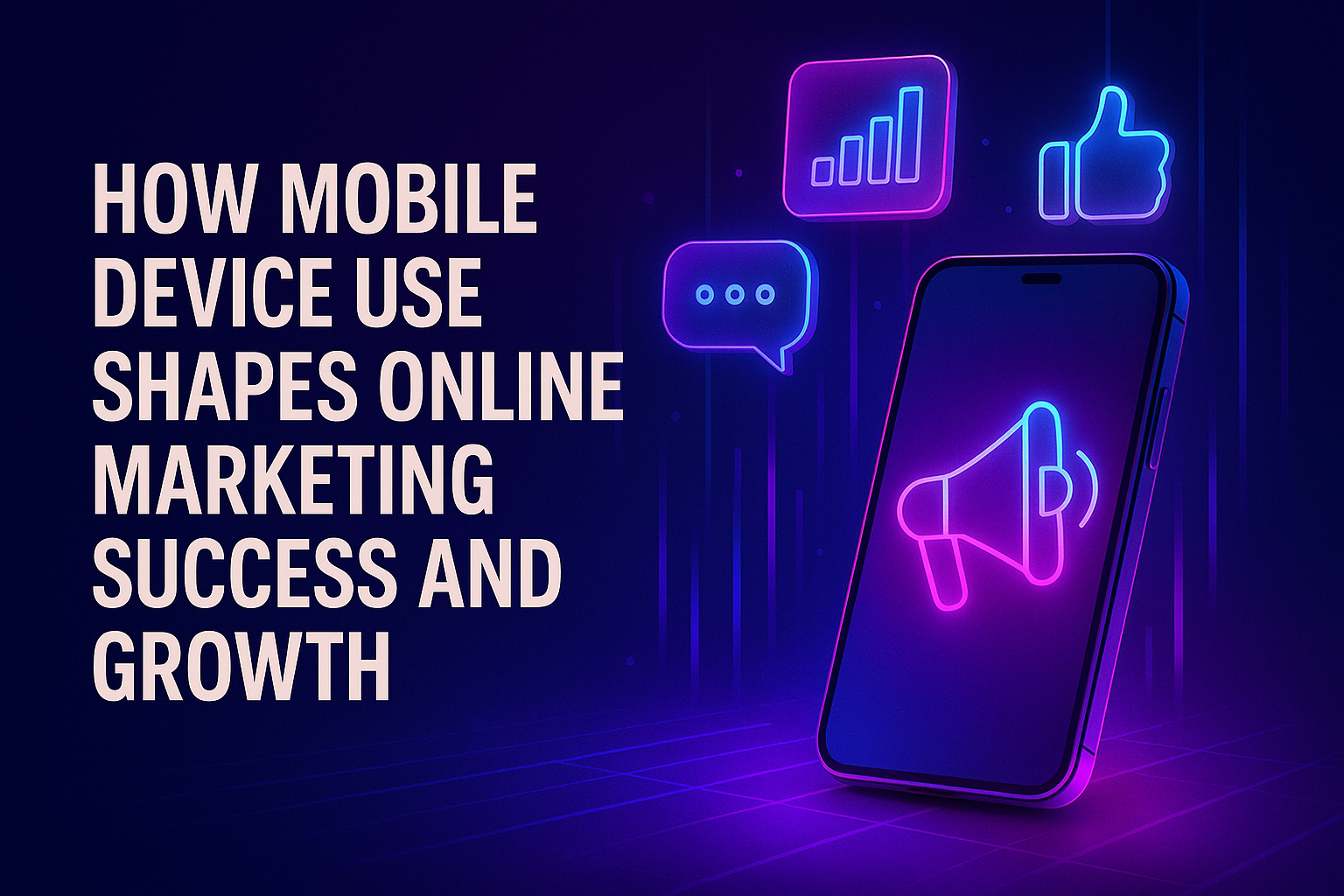 Abstract digital design showcasing a smartphone with marketing icons and text emphasizing the impact of mobile device usage on online marketing success and growth.