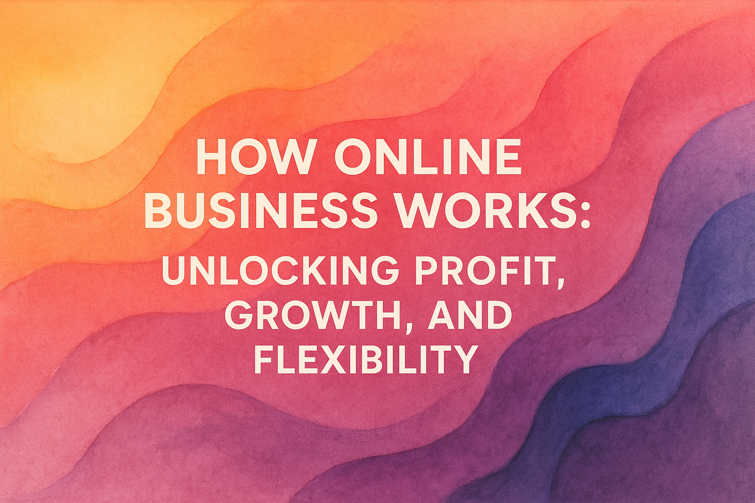 "Colorful abstract background with text overlay: 'How Online Business Works: Unlocking Profit, Growth, and Flexibility'."