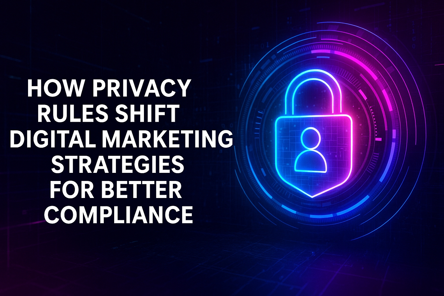 "Graphic depicting the impact of privacy rules on digital marketing strategies, featuring a neon padlock and user silhouette, with bold text highlighting compliance."